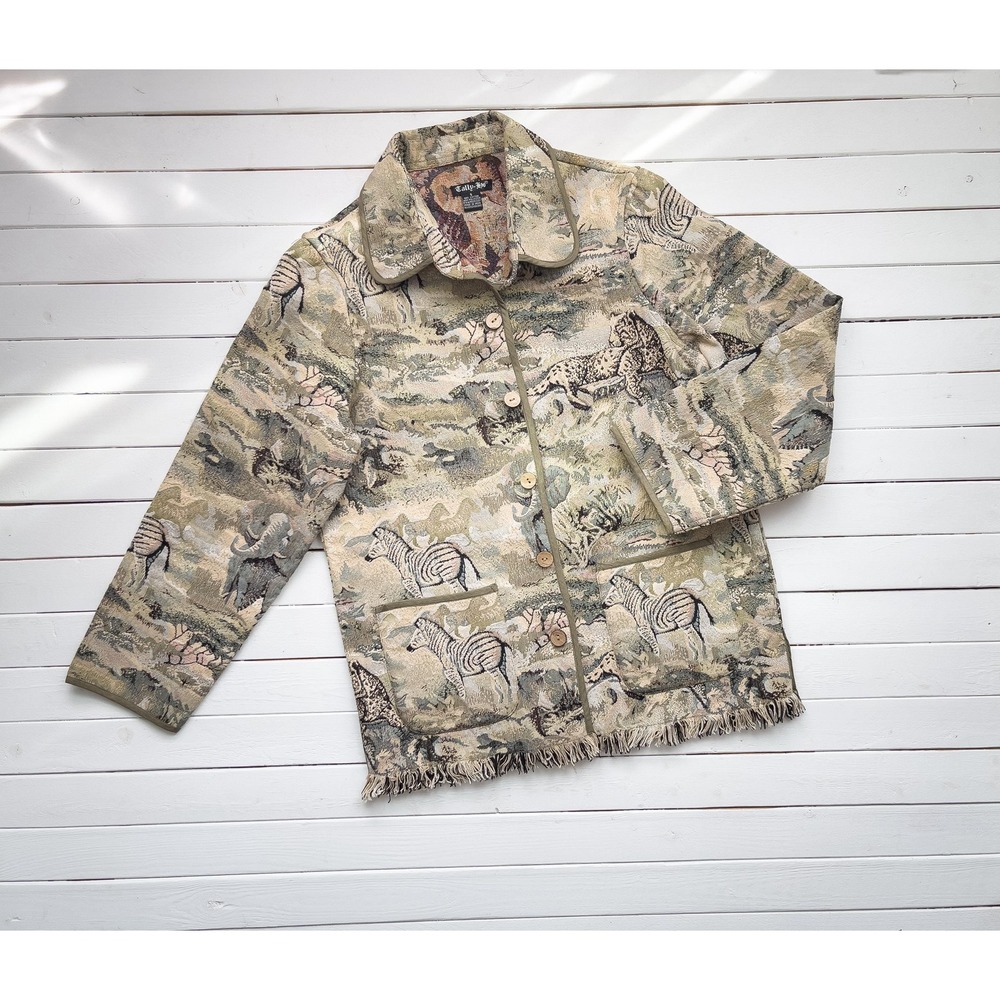 vtg Tally Ho safari animals zebra elephant‎ leopard tapestry jacket size S